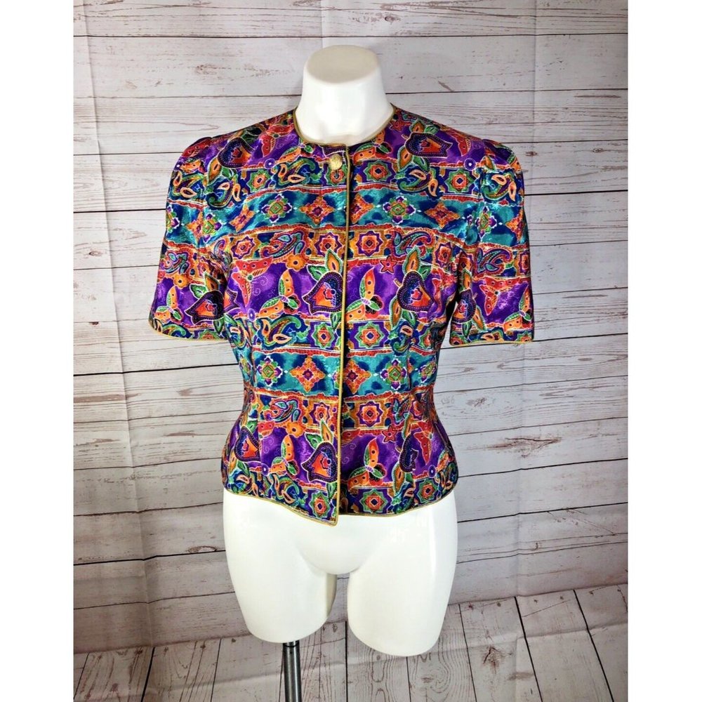 Petites for Maggy Size 8 Blouse Blazer Teal Gold Paisley Button Lined Dynasty